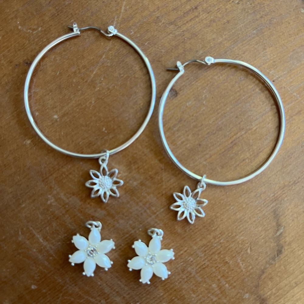 Silver Hoop Earrings with 2 sets of Floral Charms